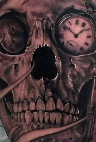 時計の入れ墨のパターンを持つ豪華な現実的な黒い頭蓋骨