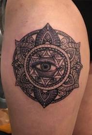 thigh black mysterious eyes with van Gogh tattoo pattern