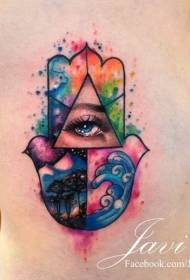 mano in vita laterale e realistico modello di tatuaggio con inchiostro splash color occhi