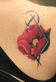 Chinese style flower tattoo girl on the back of the colored flower tattoo picture