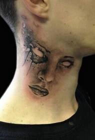 Boy's neck is a portrait of a woman's face tattoo image