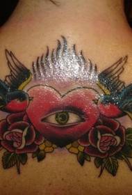 amor de volta com olhos e padrão de tatuagem de andorinha rosa