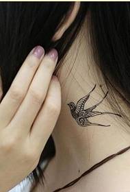 Moteriško kaklo madingas grakštus kregždžių tatuiruotės raštas, kad galėtumėte mėgautis paveikslu