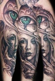 armverf vroulike portret met groen oog tatoeëring patroon