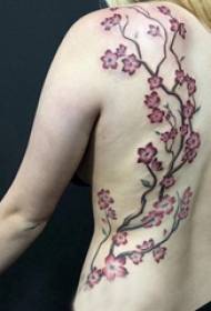 chica tatuada en la espalda imagen coloreada del tatuaje del cerezo