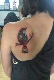 Tetovēšanas putnu meitene krāsainā putna tetovējuma attēla aizmugurē