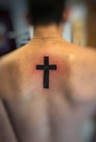 boys on the back of the black geometric simple personality line cross tattoo picture