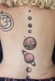 Garota de padrão de tatuagem na coluna na parte de trás da imagem do planeta preto tatuagem