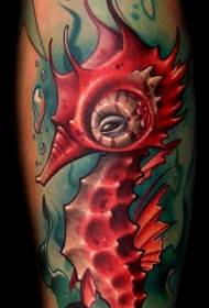 cartone animato gamba Cavalluccio marino rosso e modello di tatuaggio occhio inquietante