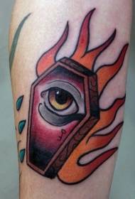 Patrón de tatuaje de ataúd pequeño y llama de ojo