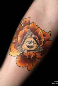 fleurs de style traditionnel moderne de couleur avec motif tatouage triangle et oeil