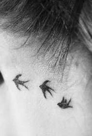 tre tatuaggi di uccelli dietro il tatuaggio dell'orecchio