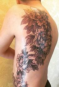 men's back delicate peony tattoo pattern