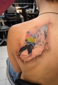 terug 3D-stijl skiër geschilderd tattoo patroon