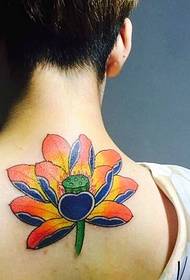 short hair girl back beautiful lotus tattoo picture