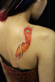 back shoulder red feather tattoo pattern