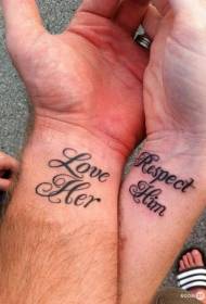 pasangan pergelangan tangan pola tato surat keriting romantis