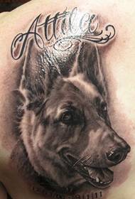 Mtindo wa tattoo ya nyuma: muundo mzuri wa tattoo nyeusi na nyeupe mbwa nyuma