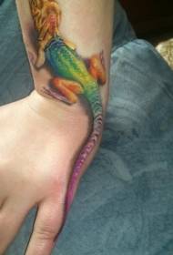 modello tatuaggio lucertola multicolore sul polso femminile