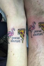 couple wrist cartoon flamingo and pizza letter tattoo pattern