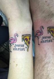 modèle de tatouage lettre couple poignet dessin animé flamant rose et pizza