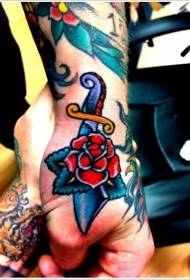hand old school dagger with red Rose tattoo tattoo