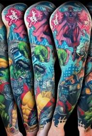 Gėlių rankos superherojaus komiksų spalvos tatuiruotės modelis