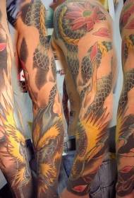 braccio saggezza drago asiatico e modello del tatuaggio di colore di loto