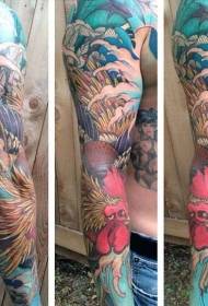 花臂亞洲風格設計的多彩大公雞紋身圖案