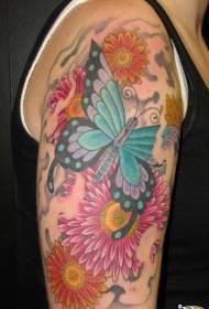 model i tatuazhit të luleve të mëdha blu flutur