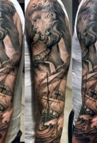braccio tema nautico Modello tatuaggio tatuaggio dio del mare bianco e nero