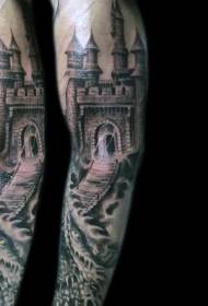 käsivarsi mustavalkoinen vanha keskiaikainen linna tatuointi malli