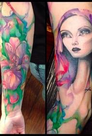 Fock Aquarell Blumen und Frau Porträt Tattoo Muster