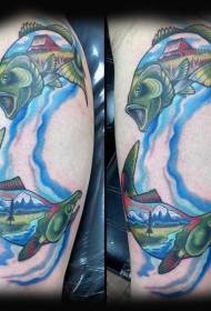 arm combination color two fish tattoo pattern