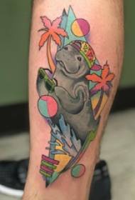 Europe and the United States calf tattoo boys shank on the coconut tree and hippo tattoo pictures