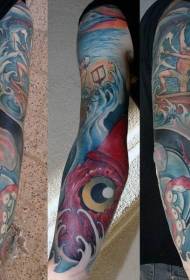 rokas krāsas karikatūra lielais kalmārs ar zvejnieka tetovējuma modeli