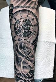 realistična črna punkcija mehanska ura z vzorcem rožice Tattoo