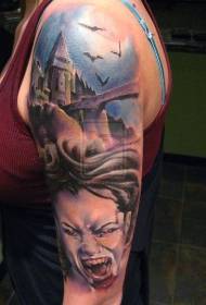 ຮູບເງົາ horror ສີແຂນແຂນໃຫຍ່ Castle ກັບ tattoo ແມ່ຍິງ vampire