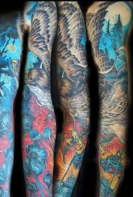 Arm vackra målade flygande örn skog blomma tatuering mönster