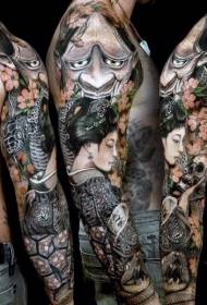 ramię azjatycki wzór wielobarwny diabelski i gejszy wzór tatuażu