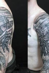 Arm black and white scary monster ruin tattoo pattern