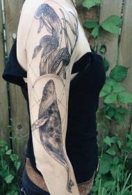 padrão de tatuagem de baleia e cogumelo preto estilo gravura em braço feminino 97985 - padrão de tatuagem de morcego e flor preto estilo gravura em braço