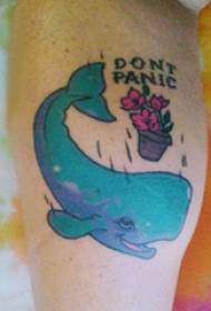Tatuaggio con gambo europeo con gambo maschio su fiori e tatuaggio con balena Immagine