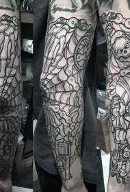 Lámhán damháin alla dubh iontach le pátrún tattoo rothar slabhra cloigeann