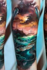színes óceán naplemente tetoválás minta