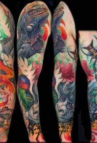 Gėlių rankos spalvos džiunglių gyvūno tatuiruotės modelis
