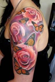 Dzeltenā tauriņa un rožu kaulu tetovējuma modelis