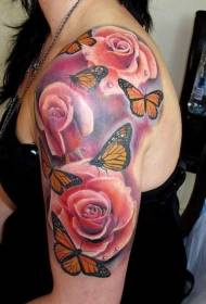 Modello tatuaggio farfalla gialla e rose osso