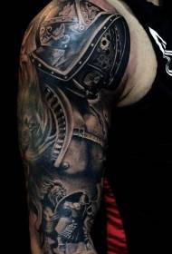 Negrita increíble patrón de tatuaje de gladiador y león de lucha en blanco y negro antiguo