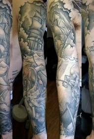 brazo negro gris faro velero pulpo tatuaje patrón